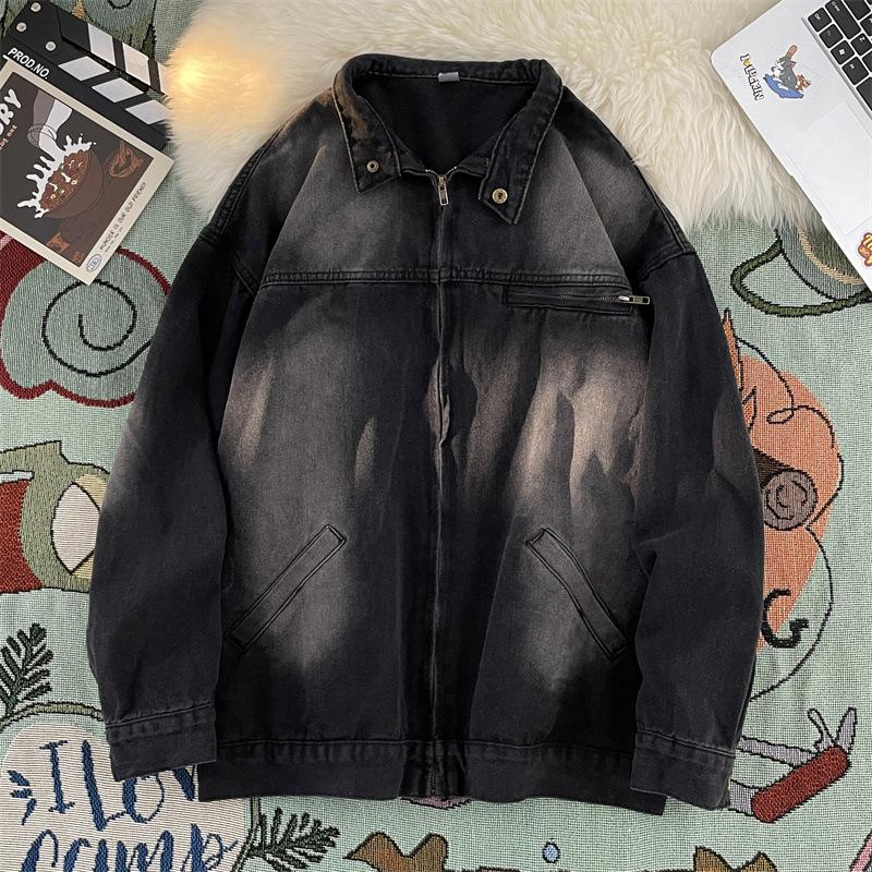 

American spring and autumn new denim jacket men s high street loose washed distressed casual cardigan zipper jacket M