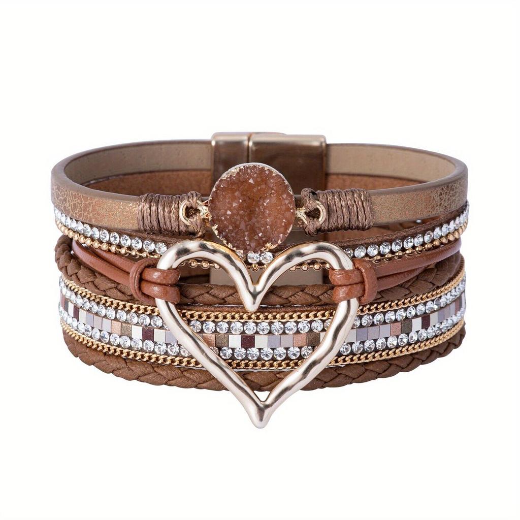 Boheemse Multilayer PU Lederen Bangle Handgemaakte Gevlochten Armband Gouden Grote Liefde