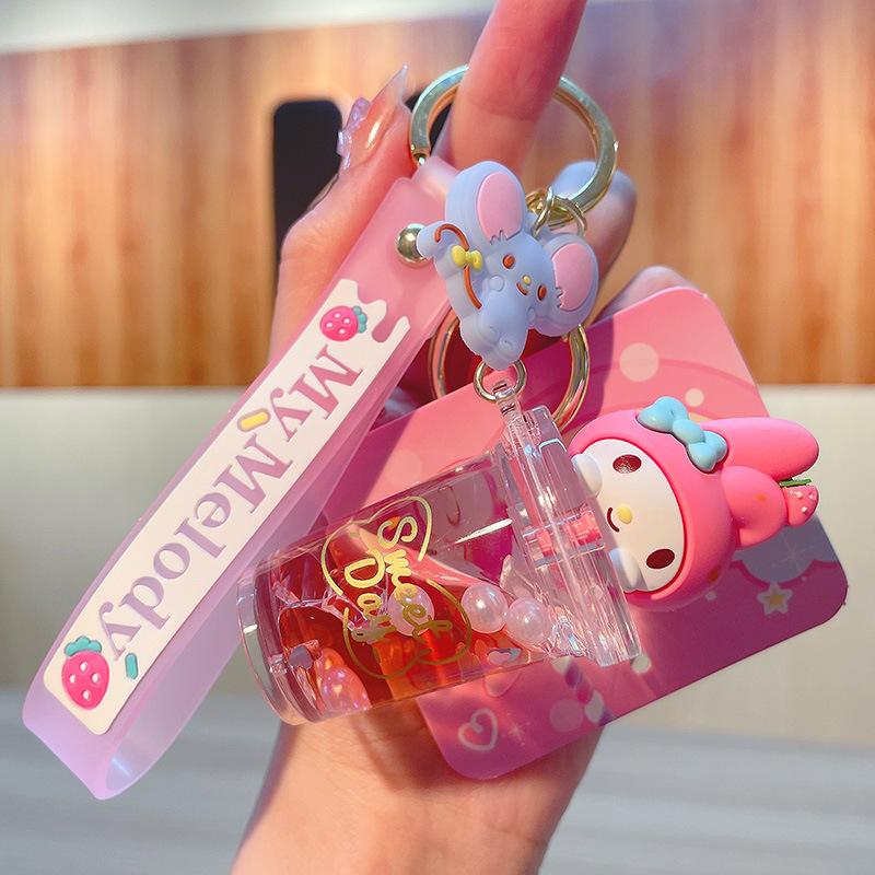 Sanrio Kuromi Melody Quicksand Keychain Cute Milk Tea Cup Shaker Key Ring Kawaii Bag Pendant Accessories for Car Keys Backpack