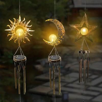 Carillon Solaire pour l'Extérieur en Métal Étanche Lune Soleil Étoile Carillon Suspendu avec Lumière pour Décor de Jardin de Cour Extérieure