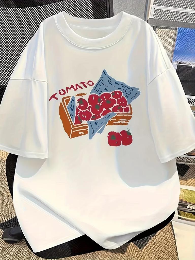 Unisex Vintage Tomato Basket Fruit Print Crew Neck Loose Tshirt Kawaii Harajuku Casual Summer Short Sleeve Tops
