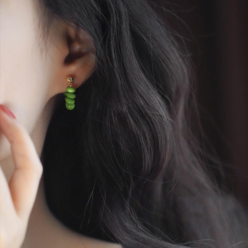 Forest Green Retro Beaded Hoop Earrings - Women's Ins Style
