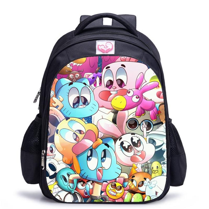 Zaino Scuola per Bambini, Testa Grande Gatto Blu Forrest Gump Scuola di Animazione, Tessuto Oxford Nero Resistente allo Sporco Grande Capacità.