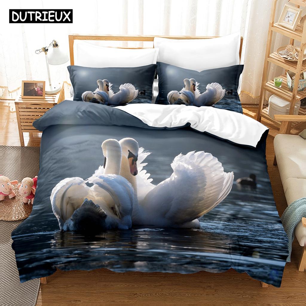 3D Printed Animals Swan Bedding Set Down Quilt Cover With Pillowcase Double SIngle King
