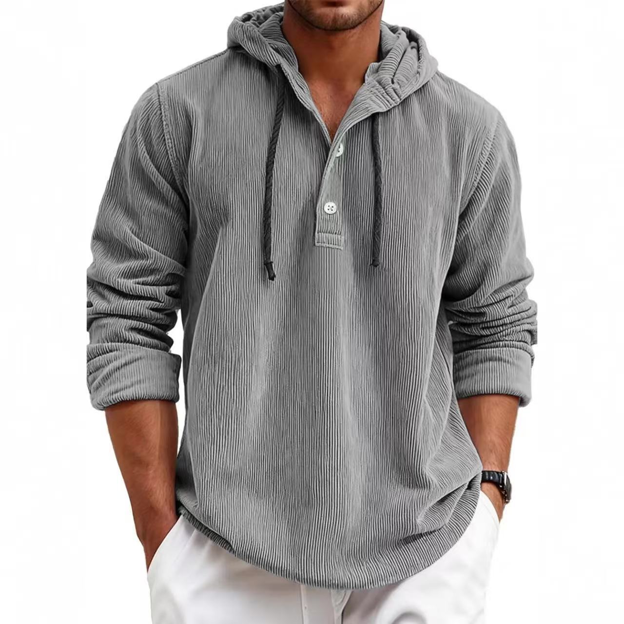 Men Corduroy Hoodie Henley Neck Long Sleeve Casual Button Down Pullover Tops S серый