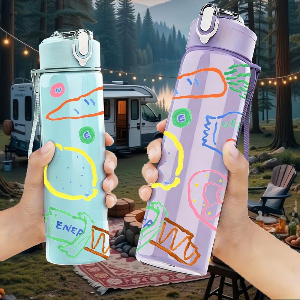 1PC Color Doodle Art Print 750ml Color Plastic Sports Water Bottle Leakproof Flip Straw Lid Suitable for Sports Office Home Use