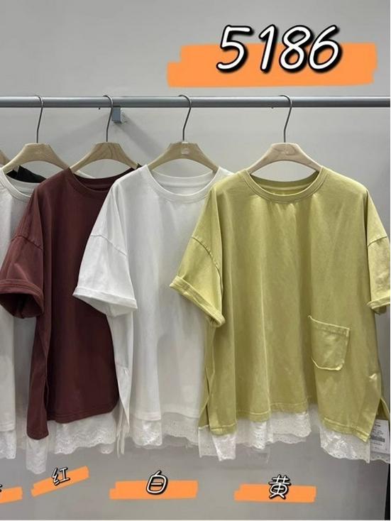 Women's Plus Size Lace Trim Slit Short Sleeve T-shirt - Summer Korean Style