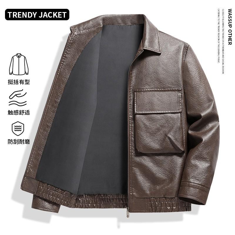 Mens Faux Leather Jacket Windproof Casual Oversized Workwear Coat With Lapel Collar Multiple Pockets