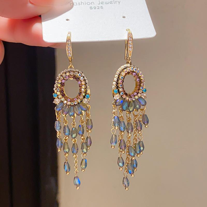 Retro Silver Needle Zircon Glass Water Drop Earrings Court Temperament Stud Earrings Personality Trend Versatile Earrings Women