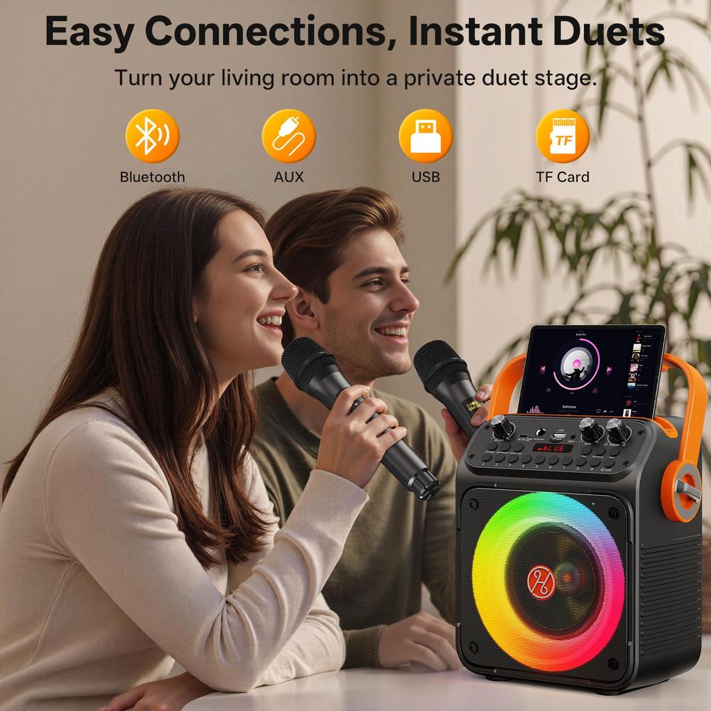 Karaoke Machine, Portable Bluetooth Karaoke Speaker with 2 Wireless Microphones for Adults, PA System with Echo Adjustment, LED Lights