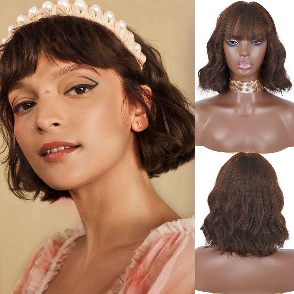 

LISI HAIR Парик из прямых волос с короткой челкой, женский парик с синтетической челкой, темно-коричневый парик для вечеринок, длина до плеч