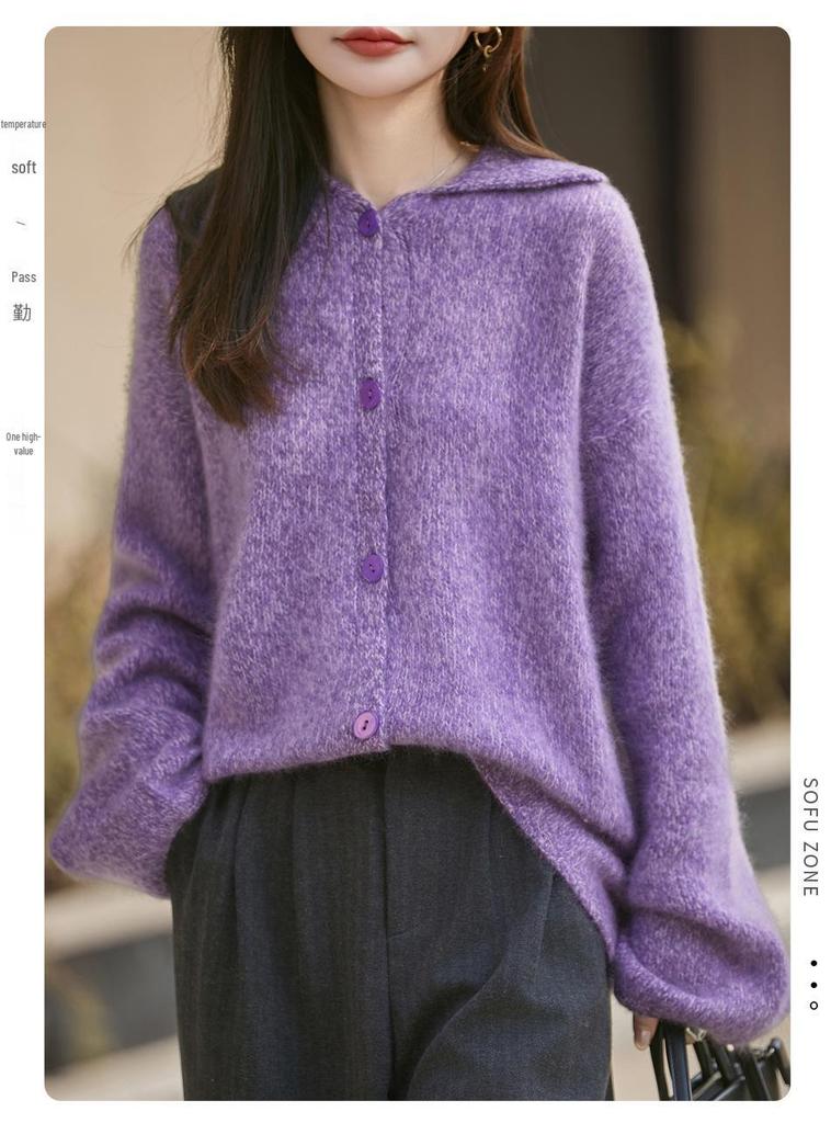 Women's Heather Yarn Polo Collar Cashmere Wool Blend Cardigan - Thick, Long Pile, Plush, Warm, Perfect for Autumn and Winter
