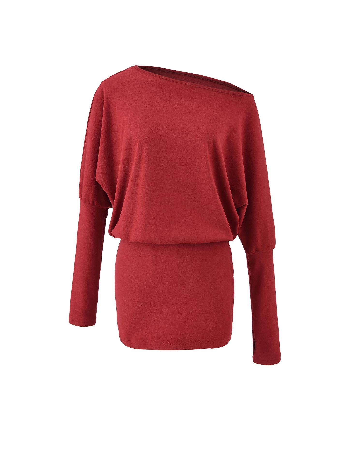 European Red Asymmetrical Off-Shoulder Knit Dress - Long Sleeve, Waist-Cinched, French Style for Early Autumn Medium вино красного