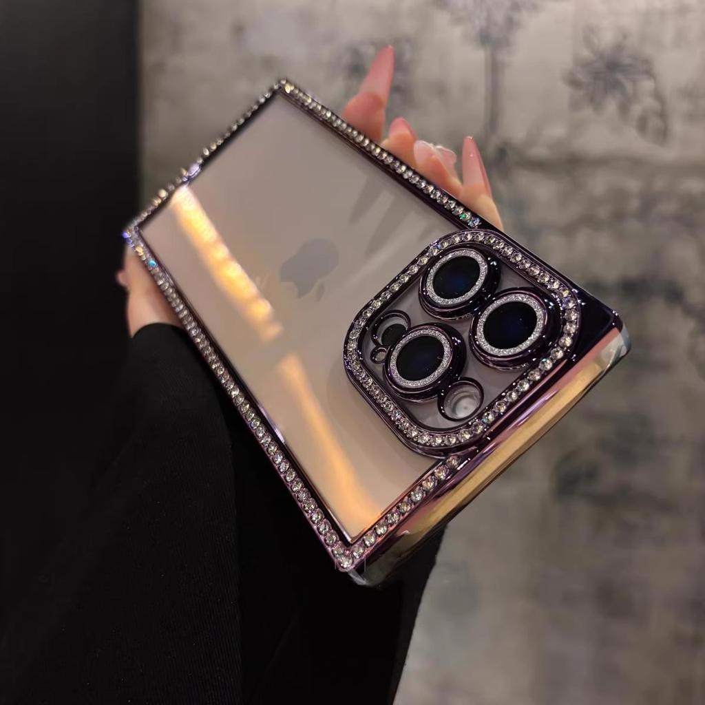 Luxury Plating Diamond Rhinestone Case for iPhone 16 15 14 Plus 13 Pro Max Bling Glitter Square Soft Clear Silicone Bumper Cover