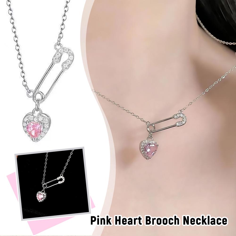 Creative Pink Heart-shaped Pin Necklace For Women Fashion Love Pendant Necklace Ladies Fashion Light Luxury Jewelry Gifts HOT