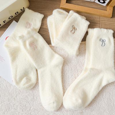 Simple Lovely Cozy Hairy Mink Velvet Bow Socks Autumn Winter Hosiery Thickened Plush Warm Sleep Home Fluffy Socks