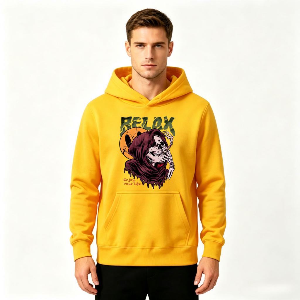 Men's Relax Grim Reaper Smoker Print Pullover Hoodie Casual Long Sleeve Hooded Sweatshirt