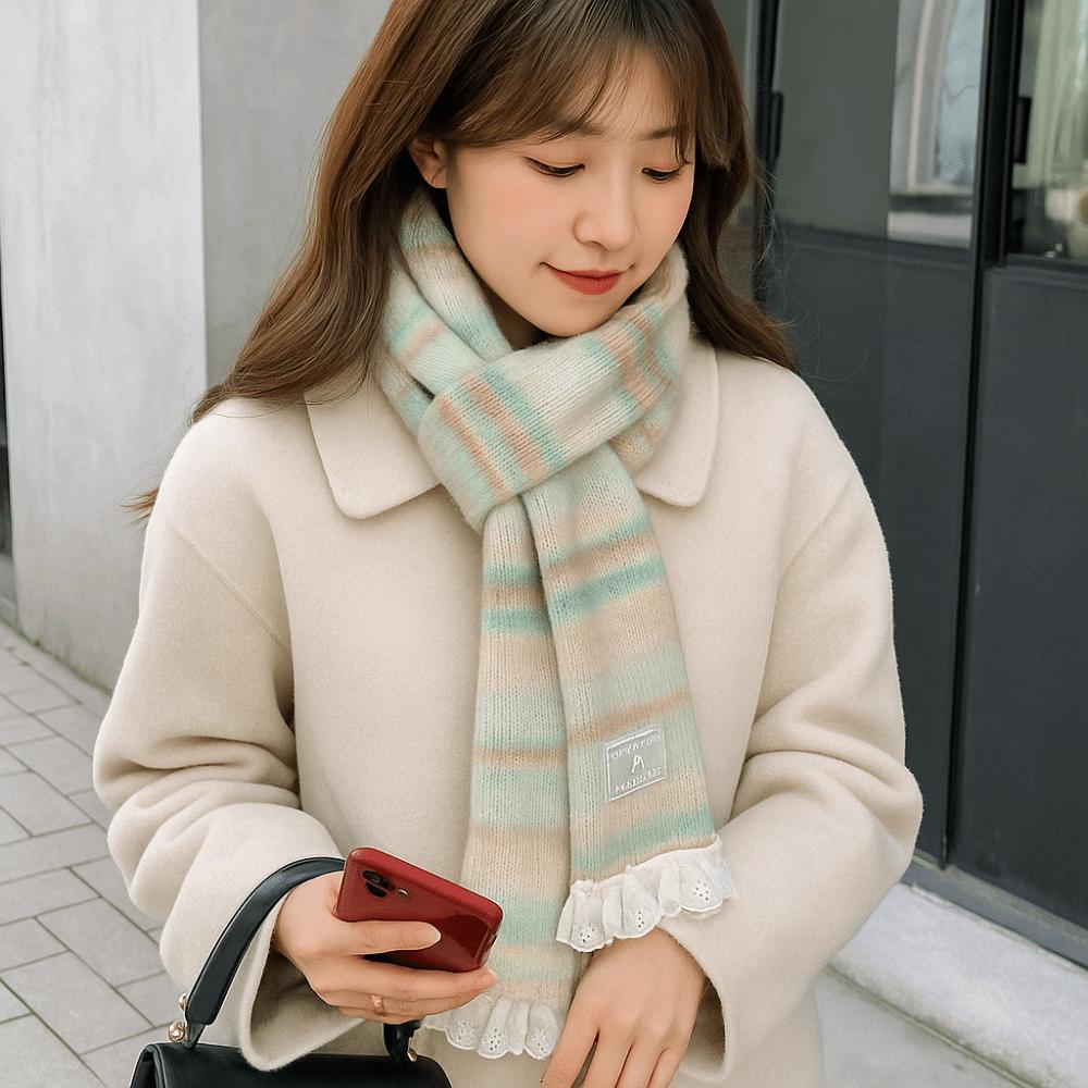 Lace Rainbow Striped Scarf Plush Winter Shawl Fashion Cashmere Knitted Scarf  Daily