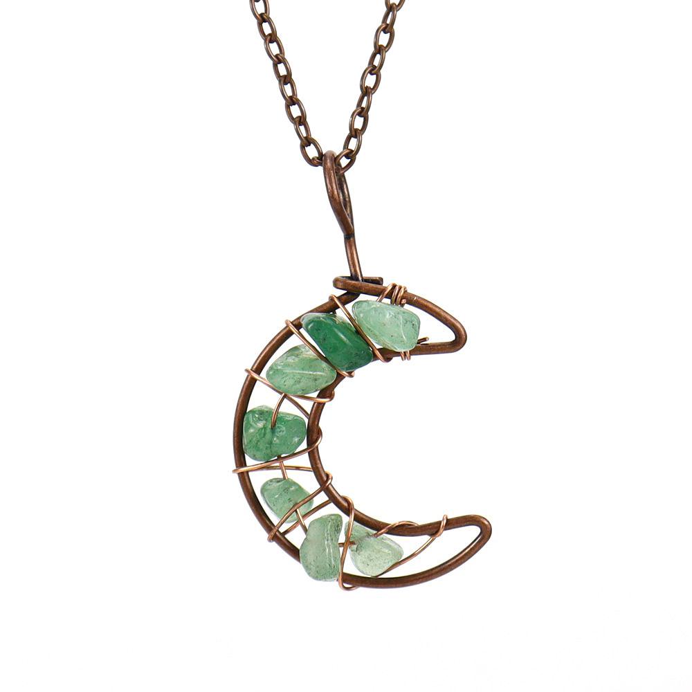 Vintage Handmade Wire-Wrapped Amethyst Moon Pendant Necklace with Colorful Crushed Stone Beads
