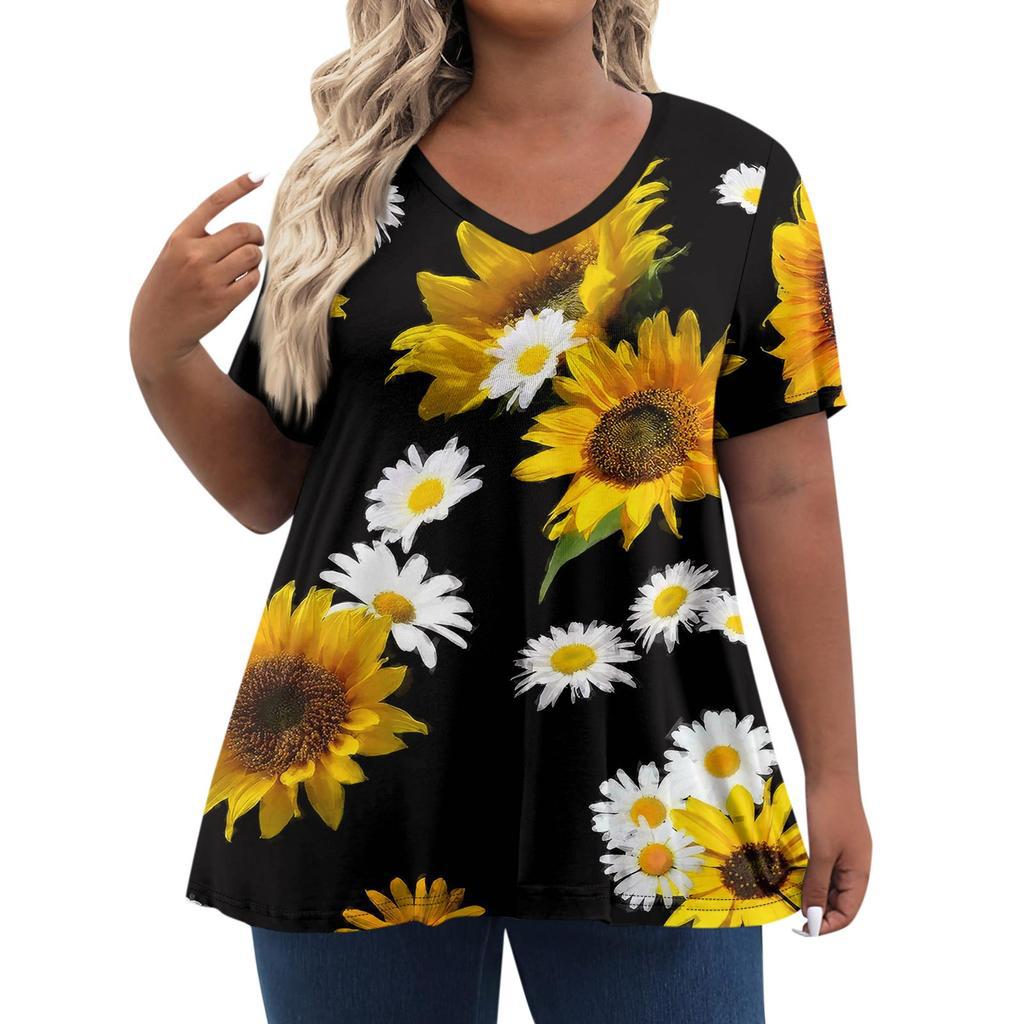 American Women's Clothing New Temperament V-neck Large Size Short-sleeved T-shirt Top Independent Day Personalized 3D Printing