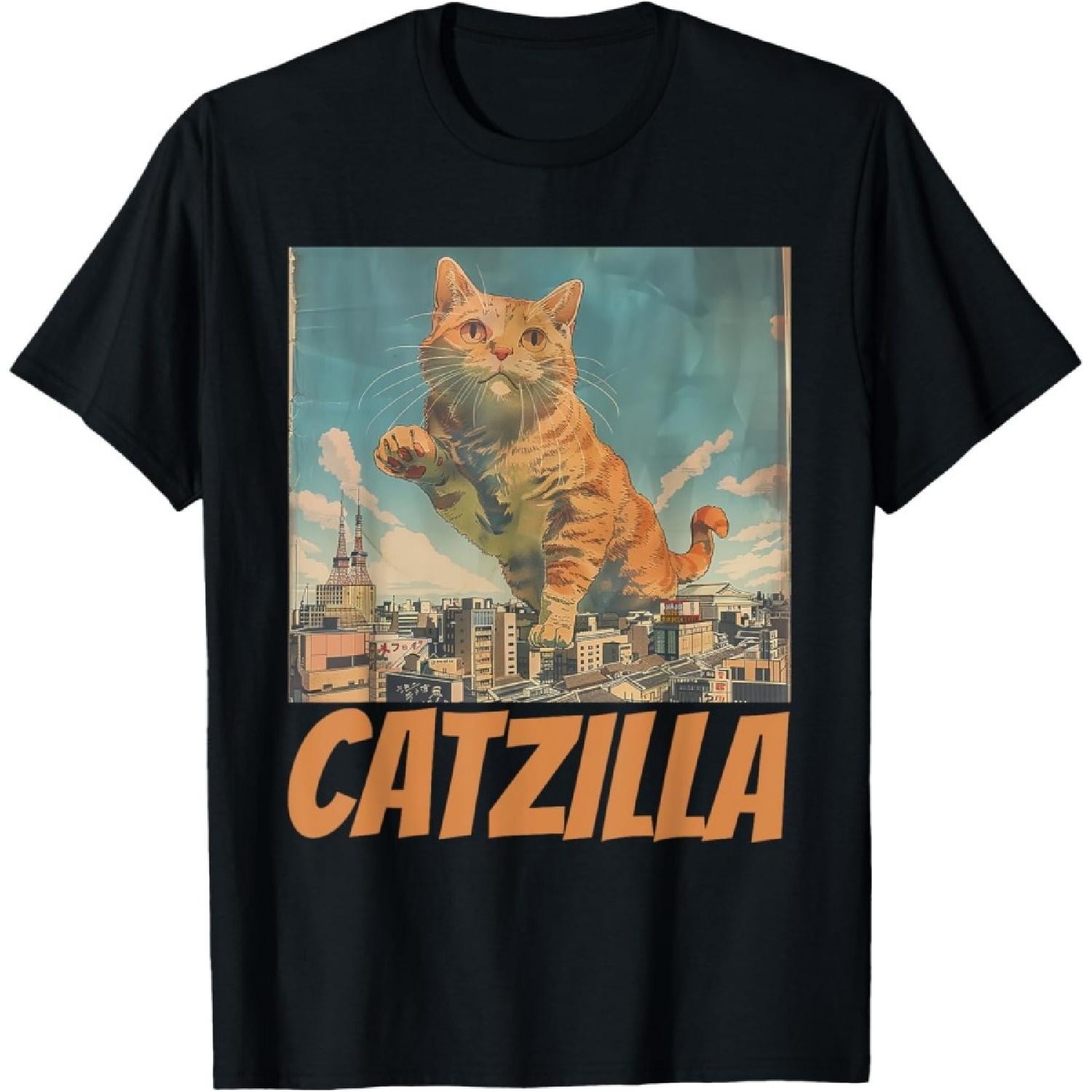 Funny Orange Cat Catzilla Japanese Art T-Shirt for Men Women S