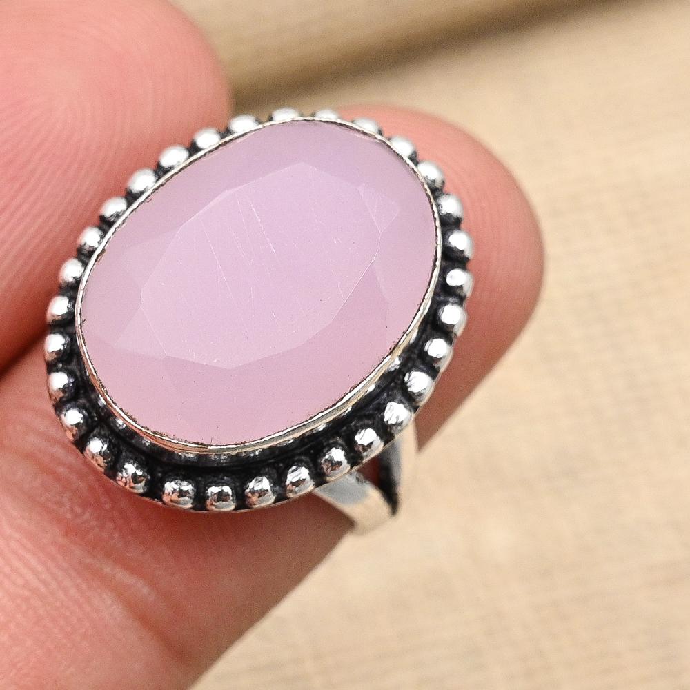 Pink Chalcedony Gemstone Handmade Jewelry 925 Sterling Silver Ring For Women