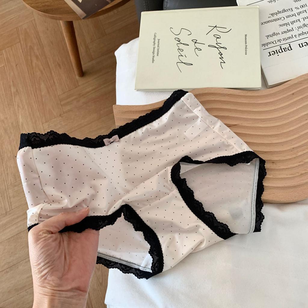 Female Spring and Summer Retro Polka Dot Ice Silk Lace Edge 10A Antibacterial Briefs