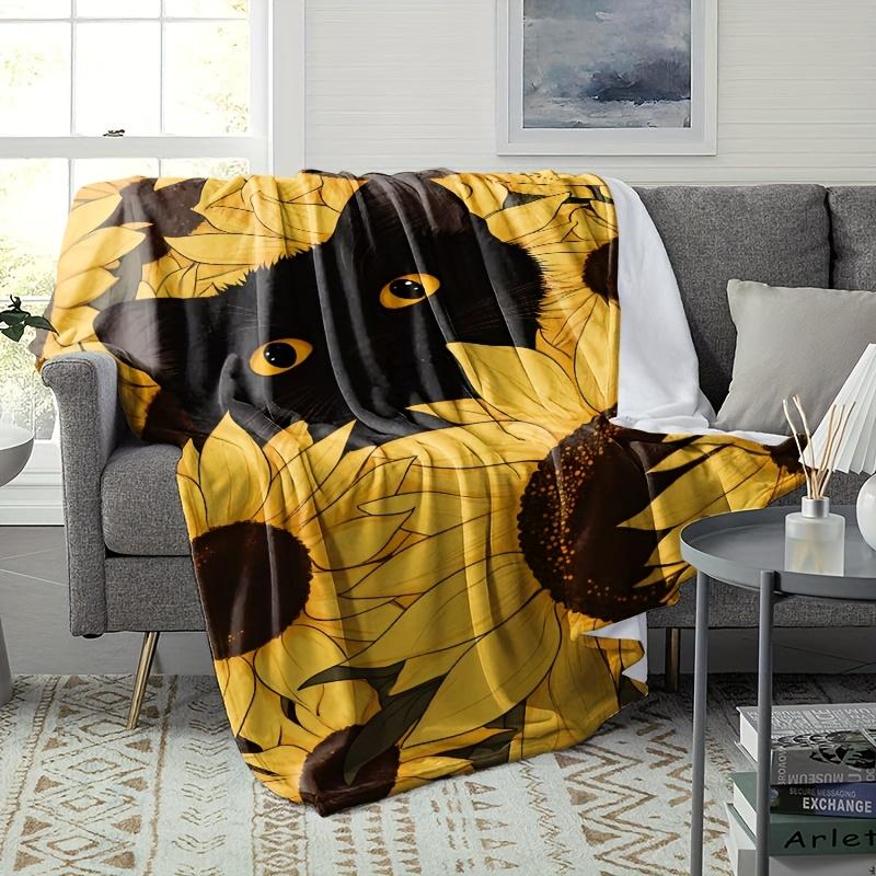 1pc Printed Black Cat and Sunflower Pattern Blanket Polyester Fabric Machine Washable Suitable for Bedroom and Living Room