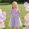 Girls Star Tulle DressCartoon Donut PrintCute Princess Party Dress with Bow, Short Sleeve Summer Dress for Little Girls