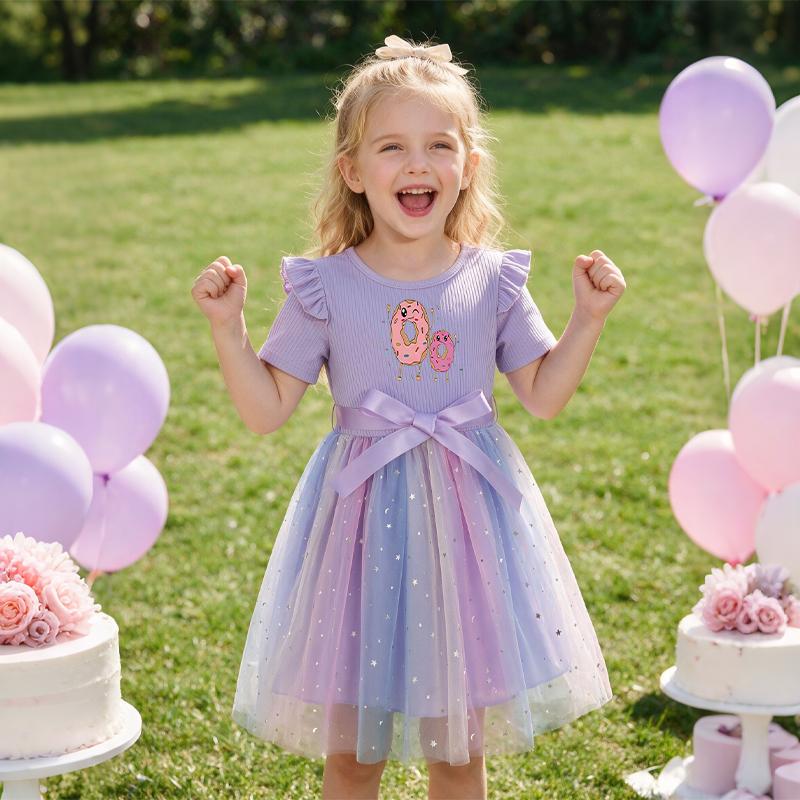 Girls Star Tulle DressCartoon Donut PrintCute Princess Party Dress with Bow, Short Sleeve Summer Dress for Little Girls