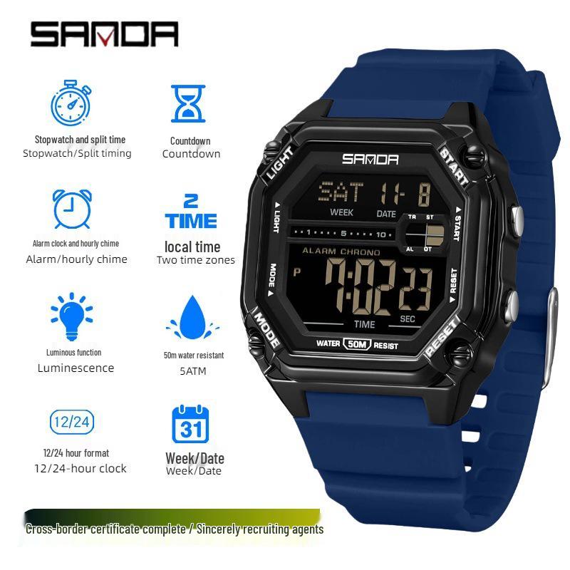 Sanda Men's Multifunctional Waterproof Electronic Watch with Luminous Display and Sports Stopwatch