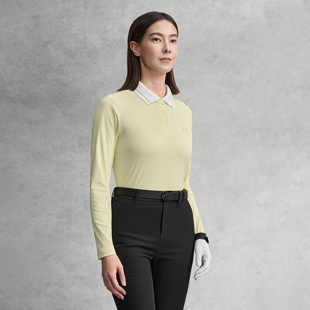 FILA Golf Series Trendy Fashion Simple Casual Sports Training Versatile Slim Fit Long Sleeve Polo Shirt Women tops Mustard-Yellow A11W615214FYE