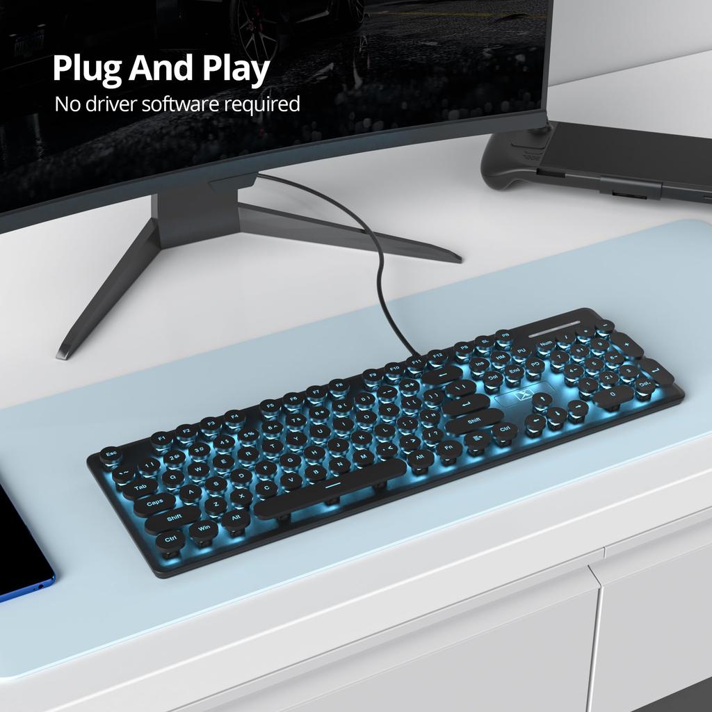 Wired Quiet Membrane Retro Punk Typewriter Green LED USB Gaming Keyboard with ABS Round Keycaps for Keyboard, Full-Size 104-Key Backlit, Ultra-Slim