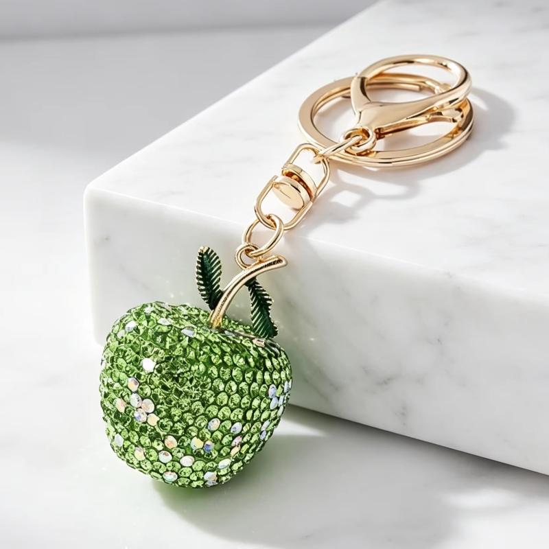 Cute Full Diamond Green Keychains Crystal Fruit Pendant Key Ring Fashion Handbag Decor Jewelry Gift For Women Girls