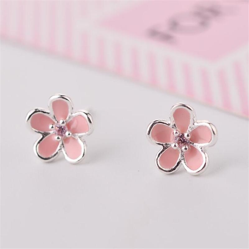 

New Arrival Cute Temperament Literary Flower 925 Sterling Silver Jewelry Pink Epoxy Crystal Sweet Stud Earrings E177 серебряный