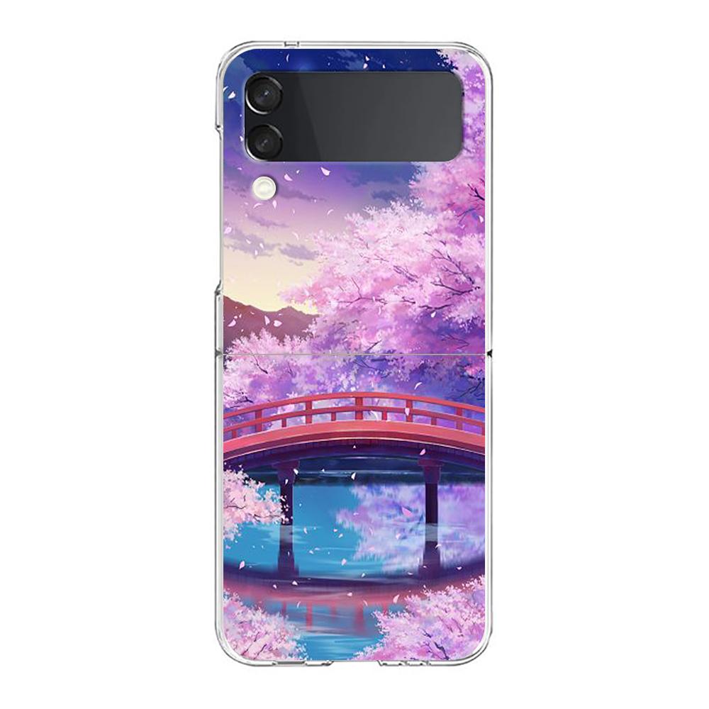 Cherry Blossoms Japanese Traint Moun For Samsung Galaxy Z Flip 3 4 5 Hard Folding Clear PC Phone Case For Samsung Z Flip3 Cover