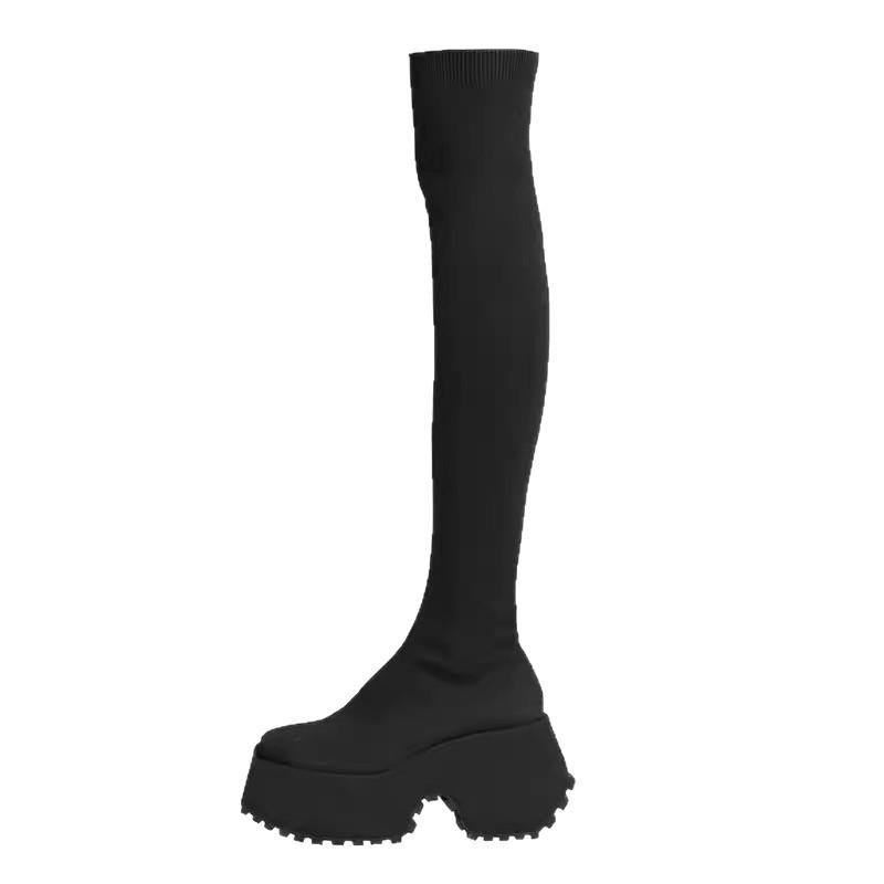 Herbst 2025 Strick Elastische Slip-On Stiefel mit klobigem Absatz für Damen in Übergröße