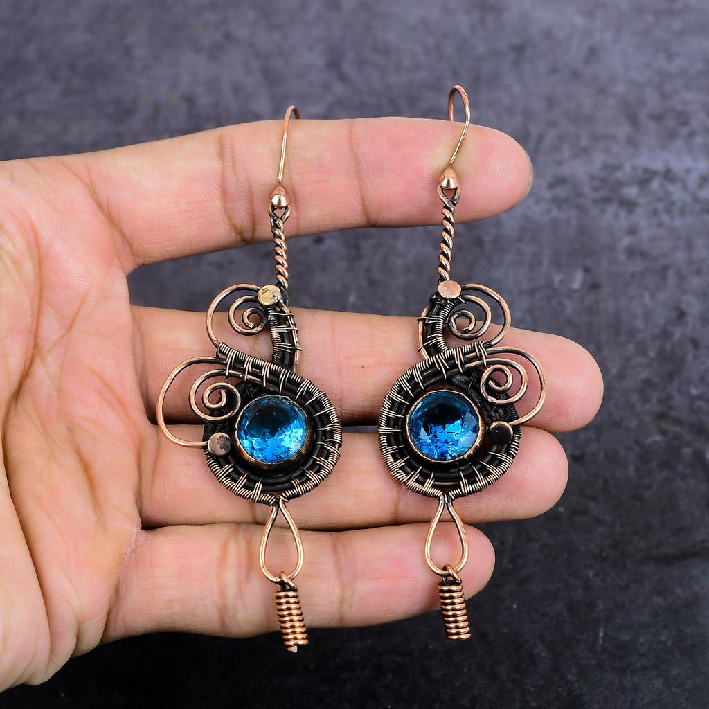 Natural Blue Topaz Gemstone Handmade Copper Wire Wrap Jewelry Earring 3.86" n1E28
