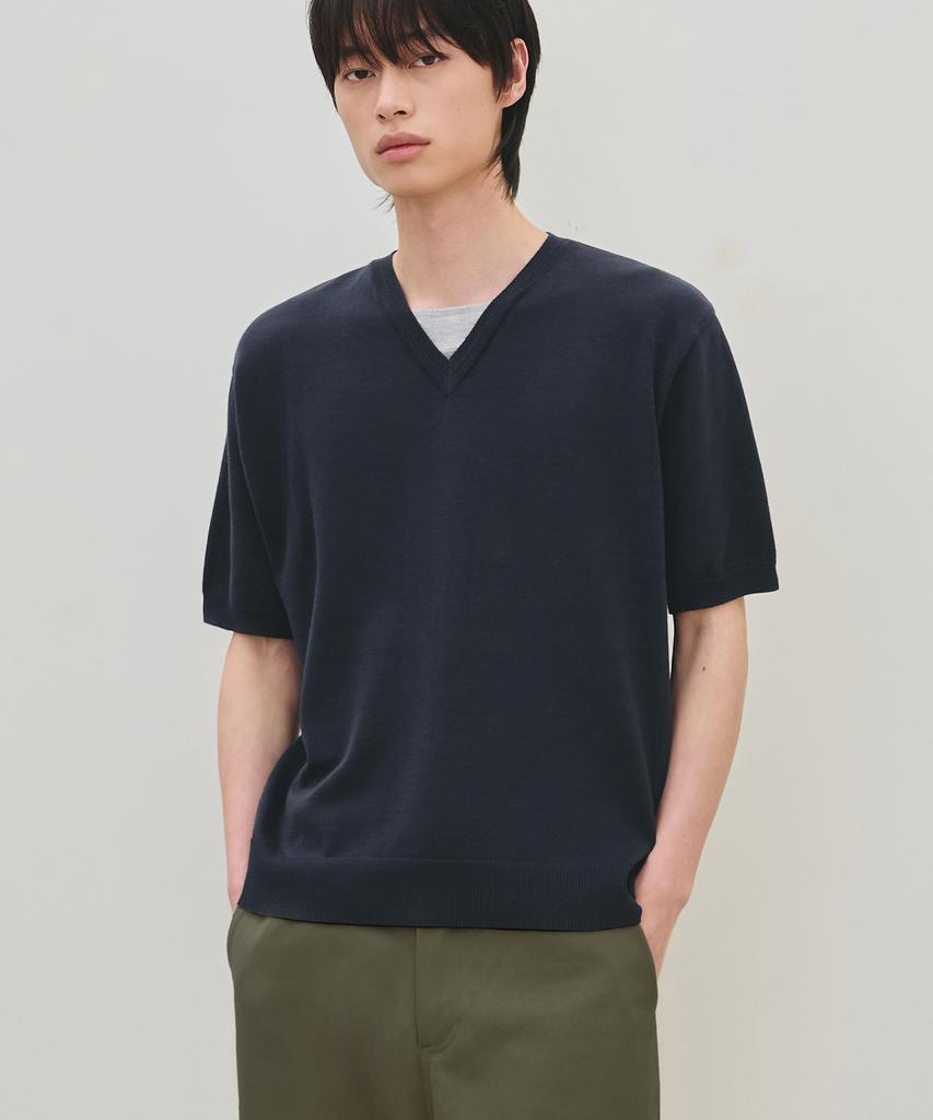 ROTEMBER Washable Double Layered Crop Half V-Neck Knit [ 3 Colors ]