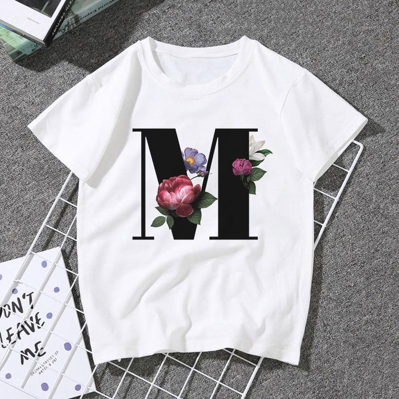 A B C D E English Alphabet Print T Shirt Women Short Sleeve Couples Lovers Female