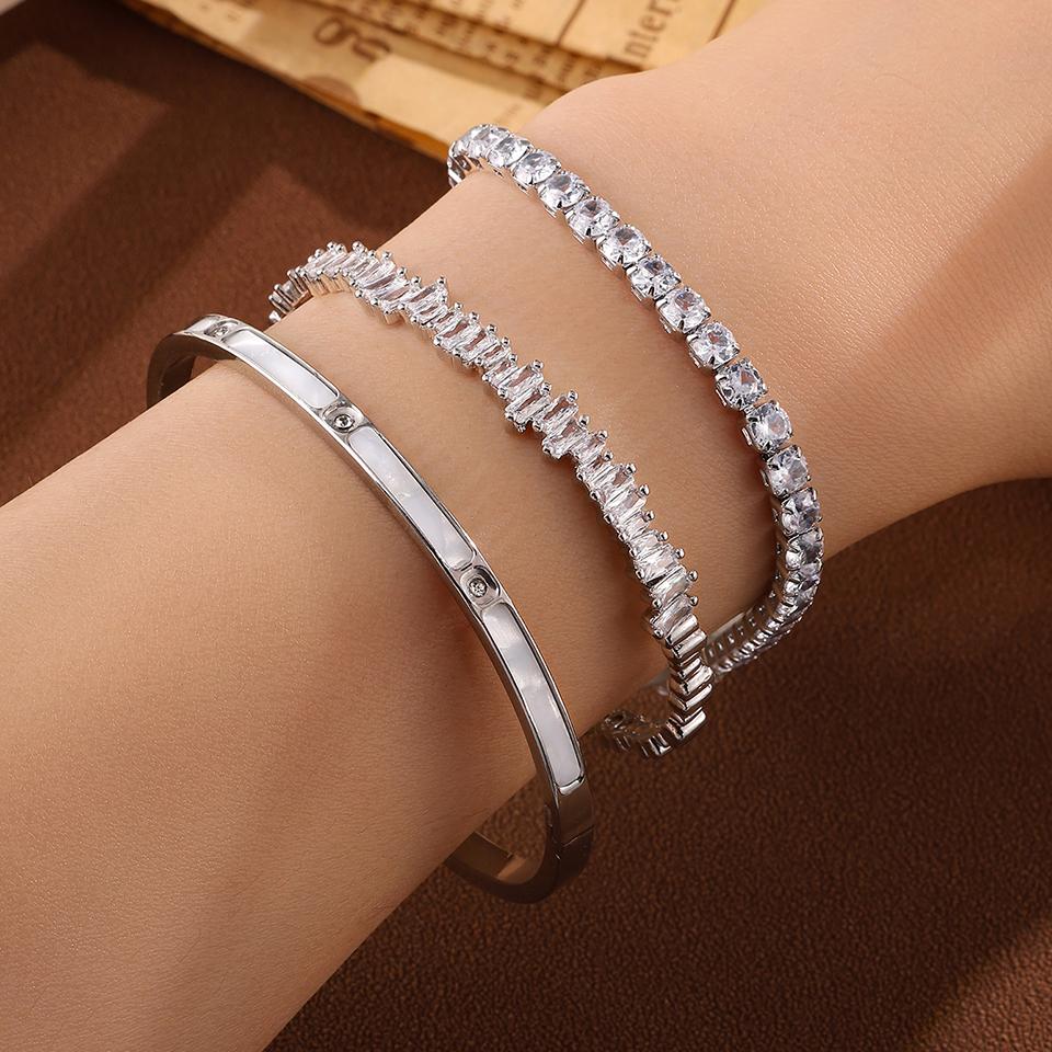 

ZAKOL Three Pieces Copper Stainless Steel Stackable Bracelet Bangles for Women Shiny Geometric Zircon Wedding Party Zircon