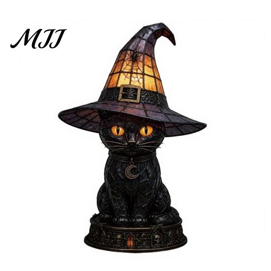 Seasonal Home Lighting Halloween Witch Cat Night Light, Resin Table Lamp with Warm Vintage Style Glow, Gothic Decor for Bedroom Shelf, Spooky