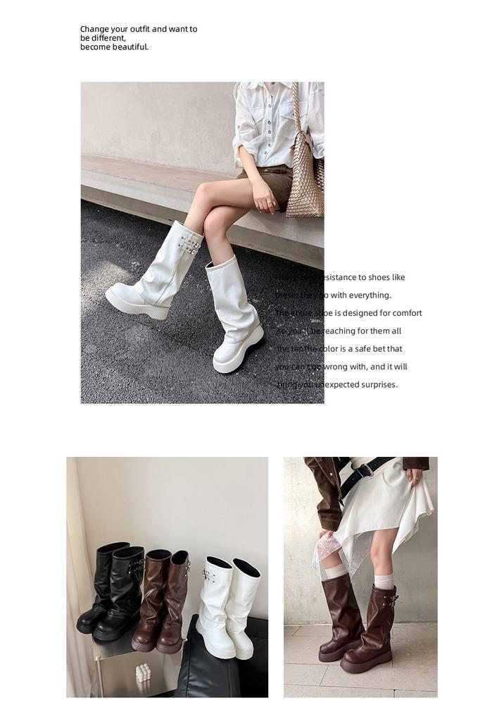 Women's Knee-High Platform Boots with Thick Soles, Height-Increasing Ruched Design, Martin Style, Sizes 34-45.
