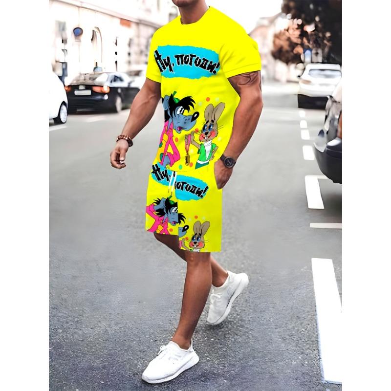 Fun cartoon rabbit and wolf harmonious picture printed T-shirt and cool shorts set S