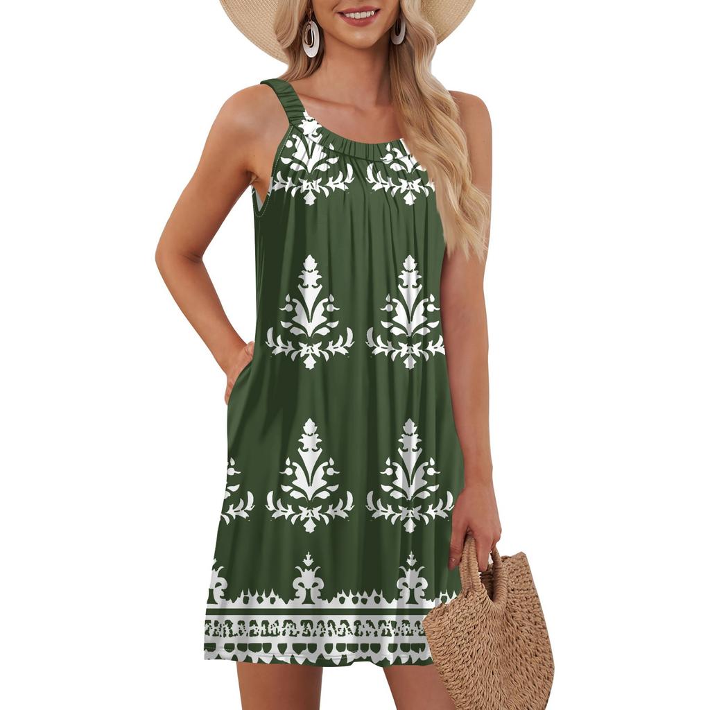 Ladies Fashion Beach Vest Casual Summer Pocket Straps Retro, Floral Dress
