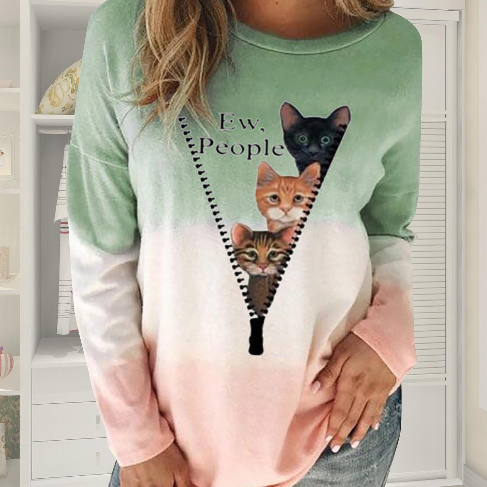 

Женская мода Cat Свободные топы с длинными рукавами Блузка Градиентная толстовка