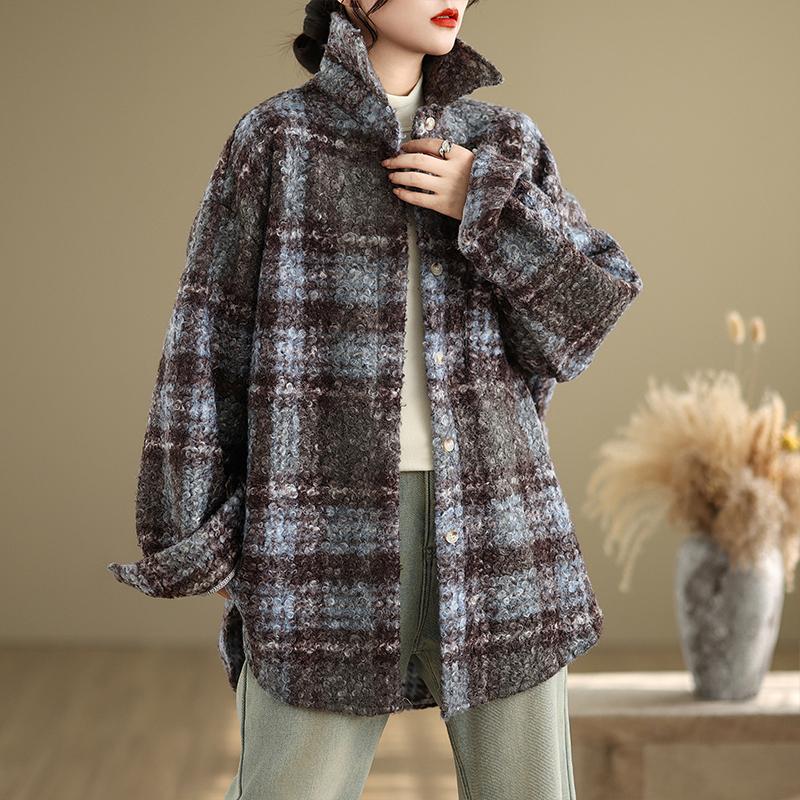 DIMANAF 2025 New Autumn Winter Plus Size Women Coats Jackets Cotton Thick Long Sleeve Loose Casual Outerwear Vintage Lady Plaid