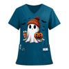 Damen V-Ausschnitt Halloween Bedruckt Kurzarm Taschen Seitenschlitz Schutzanzug Oberteil
