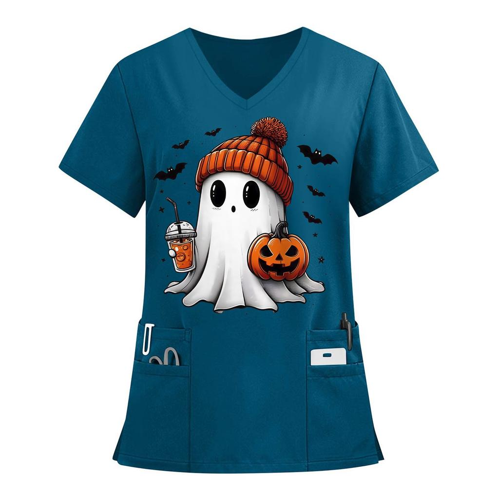 Damen V-Ausschnitt Halloween Bedruckt Kurzarm Taschen Seitenschlitz Schutzanzug Oberteil