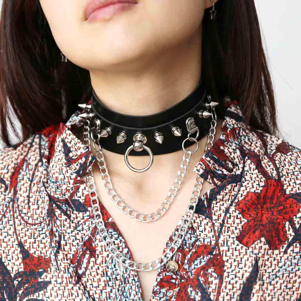 Punk Gothic Spike O-Ring Leather Choker & Metal Clavicle Chain